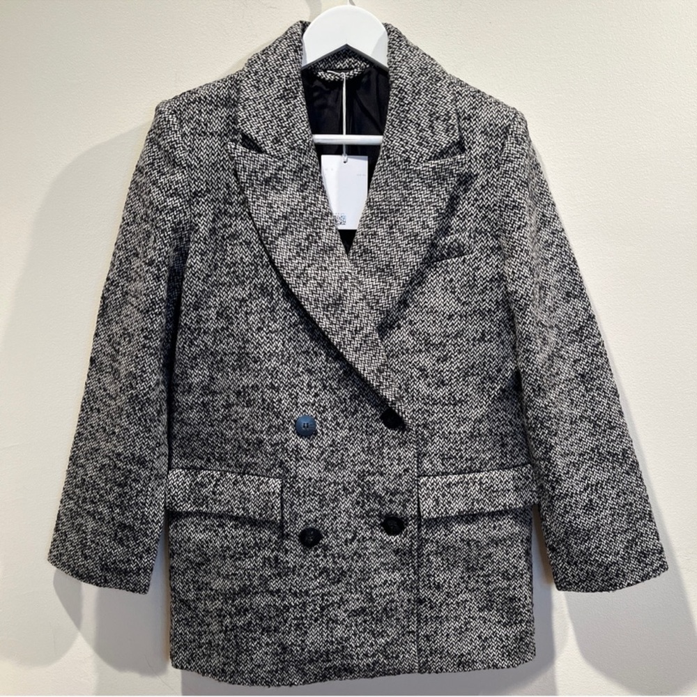 & OTHER STORIES Oversized Blazer Relaxed Double Breasted Jacket Tweed Gray 0
